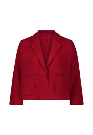 Giacca rossa con texture, colletto a rever, chiusura a un bottone e due tasche frontali. Presenta un design accorciato e maniche ampie.