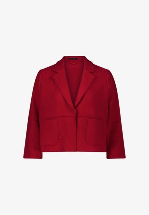 Rote, strukturierte Jacke mit Reverskragen, einreihigem Knopfverschluss und zwei vorderen Taschen. Verfügt über ein kurzes Design und weite Ärmel.