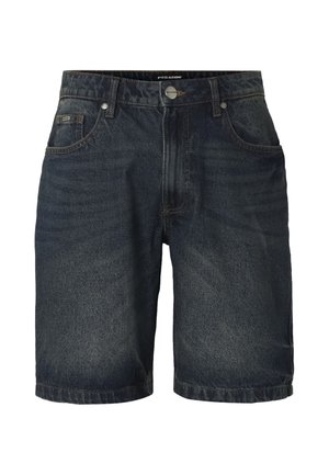 Dark blue denim shorts with front button closure, belt loops, and five pockets, showing subtle fading on thighs.