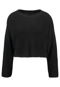 Svart, kortärmad stickad tröja med bred rund halsringning och långa ärmar, med en texturerad, ribbad mönstring över hela.