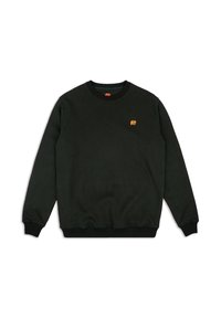 Sudadera verde oscura con cuello redondo, puños y dobladillo acanalados. Presenta un pequeño logo de un elefante naranja en el pecho. Textura suave.
