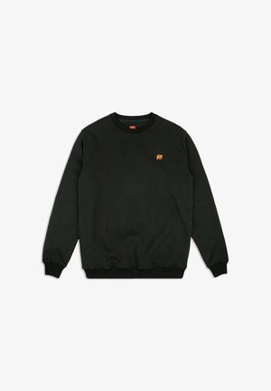 Dark green sweatshirt with a round neckline, ribbed cuffs, and hem. Features a small orange elephant logo on the chest. Smooth texture.