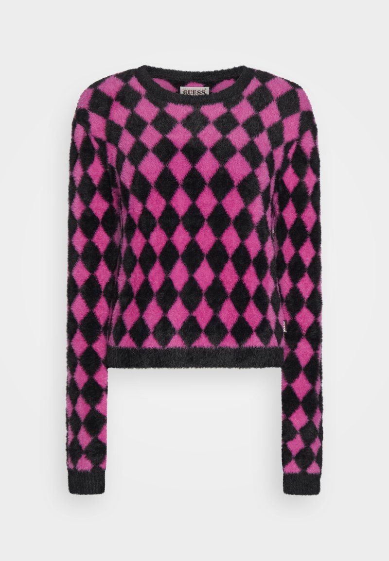 Pull en maille pelucheuse à manches longues avec un motif de losanges noirs et rose vif, col rond, poignets et ourlet côtelés.