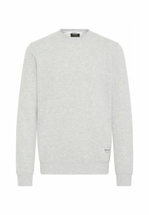 Sudadera gris claro, de cuello redondo, de manga larga, hecha de una suave mezcla de algodón, con puños y dobladillo acanalados, y una pequeña etiqueta de logo en la parte inferior.