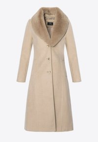 Beżowy wełniany płaszcz z dużym futrzanym kołnierzem, długimi rękawami, przednimi kieszeniami i pięcioma złotymi guzikami z przodu. Miękka tekstura. Klasyczny design.