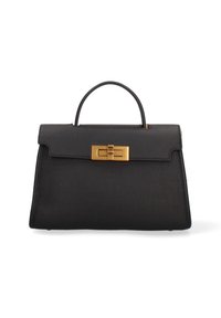 Borsa a mano in pelle nera con forma strutturata, chiusura in hardware dorato e manico superiore. Finitura testurizzata e base piatta per la stabilità.
