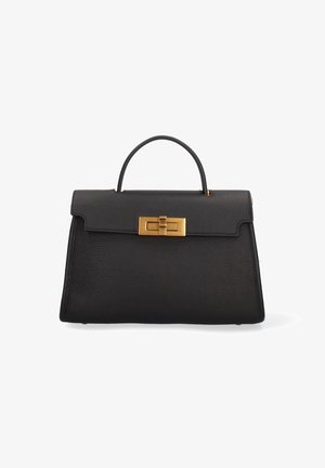 Zwarte leren handtas met een gestructureerde vorm, gouden sluiting en een handvat aan de bovenkant. Gevoerde afwerking en platte bodem voor stabiliteit.