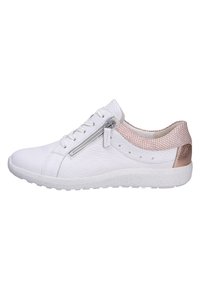 Sneaker in pelle bianca con pannello posteriore testurizzato in oro rosa; presenta una cerniera laterale e chiusura con lacci classica; suola leggera.