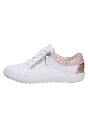 Sneaker in pelle bianca con pannello posteriore testurizzato in oro rosa; presenta una cerniera laterale e chiusura con lacci classica; suola leggera.