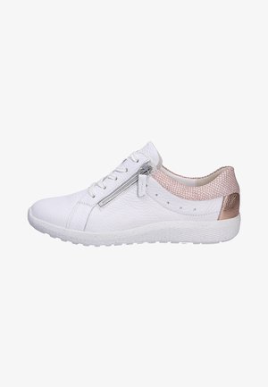 Weißes Leder-Sneaker mit einem strukturierten Rückenteil in Roségold; ausgestattet mit einem seitlichen Reißverschluss und klassischem Schnürverschluss; leichte Sohle.