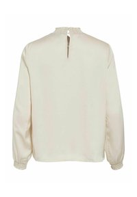 Crème blouse met lange mouwen, met gathered manchetten en een hoge kraag, voorzien van een sluiting met knopen aan de achterkant en een keyhole-opening.