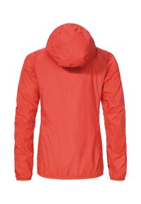 Rote Nylonjacke mit Kapuze, die über eine glatte Textur, elastische Bündchen und ein elegantes Design verfügt. Die Rückansicht zeigt minimale Details.