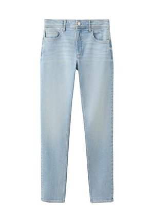 Hellblaue Slim-Fit-Jeans mit Vorder- und Gesäßtaschen, Gürtelschlaufen und Knopfverschluss.