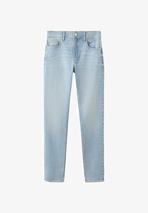 Hellblaue Slim-Fit-Jeans mit Vorder- und Gesäßtaschen, Gürtelschlaufen und Knopfverschluss.