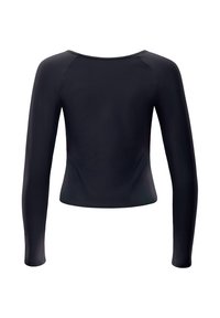 Zwarte top met lange mouwen, gemaakt van soepele, rekbare stof. Heeft een ronde halslijn en een getailleerde pasvorm met minimale details.