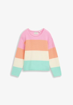 Pull côtelé à col rond présentant des rayures horizontales dans les couleurs rose, pêche, crème et menthe. Manches longues avec une coupe décontractée.