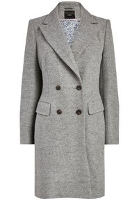 Manteau en mélange de laine gris au design croisé, avec des revers en pointe, deux poches avant et des boutons marron. Doublé d'un motif floral bleu.