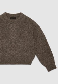 Pull en maille torsadée brun avec un col arrondi, une longueur courte et des motifs texturés. Fabriqué en tissu doux et texturé.