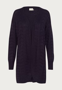 Ciemnogranatowy otwarty kardigan wykonany z teksturowanej dzianiny. Posiada długie rękawy i luźny krój, z delikatnym wzorem w zygzak.