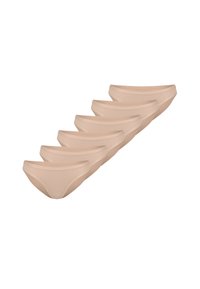 Set van zes huidskleurige onderbroeken, met een gladde textuur, lage taille en elastische tailleband. Geen zichtbare patronen of accessoires.