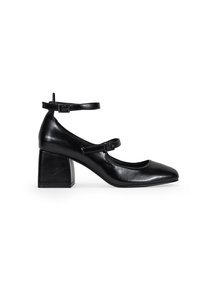 Scarpe nere in pelle con tacco a blocco e cinturini alla caviglia, punta arrotondata e superficie liscia. Presenta due fibbie regolabili sui cinturini.