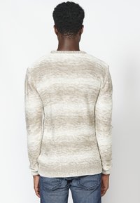 Beige textuurtrui met een gemarmerd patroon, ronde halslijn en lange mouwen. Gemaakt om te dragen met blauwe jeans, wat een ontspannen pasvorm toont.