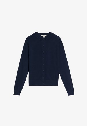 Marineblaue Strickjacke aus weichem Stoff, mit Rundhalsausschnitt, langen Ärmeln und Frontknopfverschluss mit passenden Knöpfen.