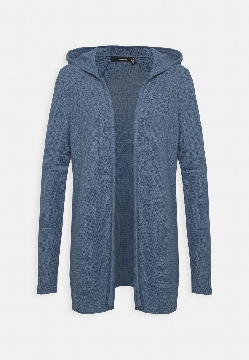Cardigan tricoté bleu à manches longues, ouvert sur le devant avec une capuche, présentant un motif texturé ainsi que des poignets et un ourlet en côte.
