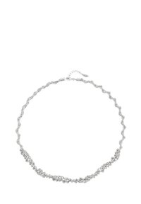 Collana in argento con motivi foglia intricati lungo una delicata catena, con piccoli effetti rotondi distribuiti. Dettaglio della chiusura regolabile.