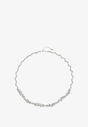 Ezüst nyaklánc, amely finom láncon bonyolult levélmotívumokat és apró, kerek díszítéseket tartalmaz. Állítható záróelem.