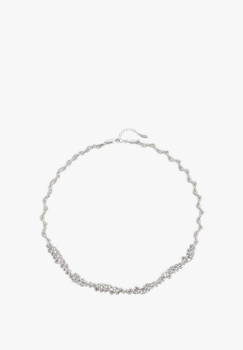 Zilveren ketting met intricaat bladvormig ontwerp langs een delicate ketting, met kleine, ronde versieringen doorheen. Verstelbare sluiting.