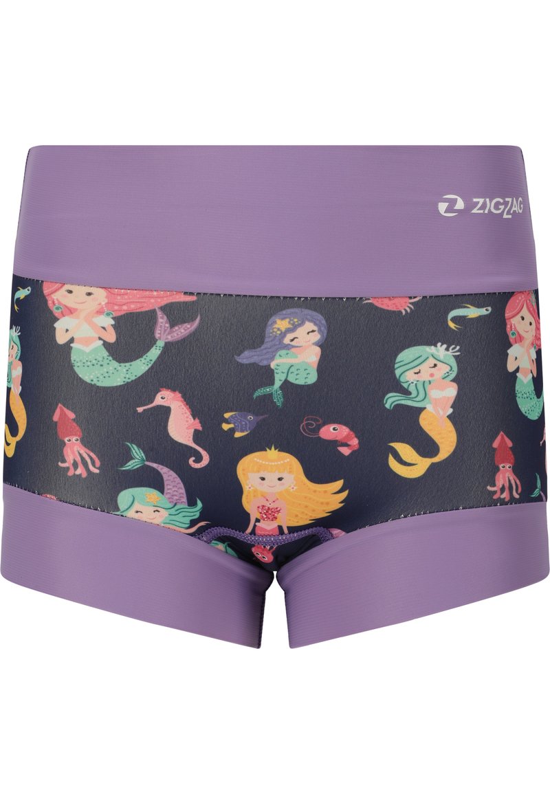 Shorts de bain violets ornés d'un imprimé vibrant de sirène et de créatures marines multicolores sur un fond sombre. Tissu lisse et extensible.