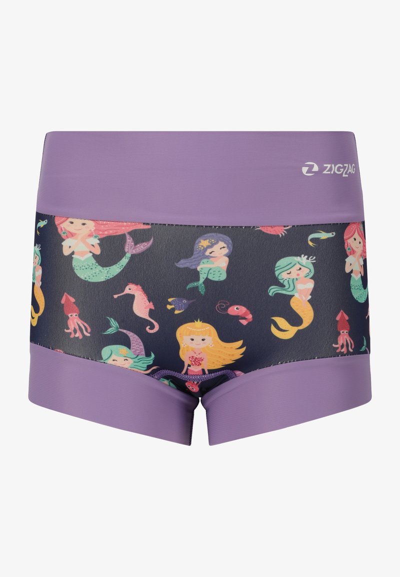 Shorts de bain violets ornés d'un imprimé vibrant de sirène et de créatures marines multicolores sur un fond sombre. Tissu lisse et extensible.
