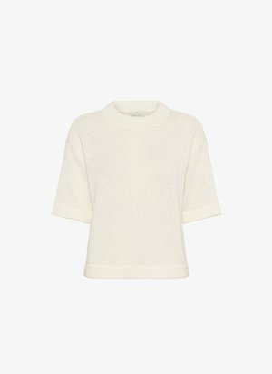 Lühikeste varrukatega heegeldatud sviiter kreemjas valges, millel on ümmargune kaelus ja tekstuuriga kude, millel on peen mustre.