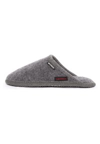 Gray felt slipper with a closed design, rounded toe, and a textured rubber sole. Features a black and red label on the side.