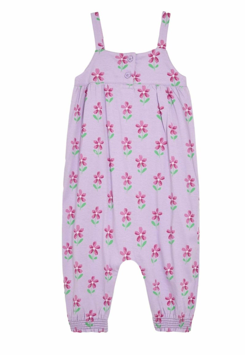 Jumpsuit de algodón púrpura con estampado floral en rosa y verde. Presenta tirantes ajustables y puños elásticos en los tobillos.