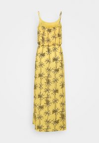 Vestido maxi amarillo sin mangas con tirantes finos y estampado de palmeras, con cintura fruncida y escote redondo.