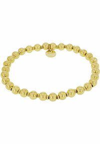 Pulsera de cuentas de color dorado que presenta cuentas redondeadas con un acabado pulido, alternadas con pequeños separadores, asegurada con un cierre de bucle.