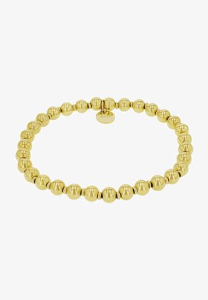 Gouden kralenarmband met ronde kralen met een gepolijste afwerking, afgewisseld met kleine tussenstukken, vastgelegd met een lus sluiting.