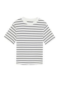 Bílý krátký rukáv tričko s námořnickými vodorovnými pruhy. Kulatý výstřih, bavlněná látka, volný střih, žádné další vzory ani grafika.