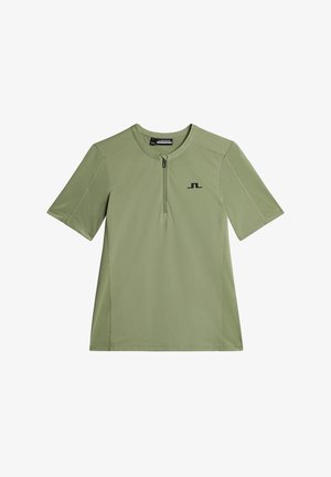 Lys grøn kortærmet skjorte med lynlås krave, struktureret stof og et lille sort logo på brystet. Glat finish og sporty design.