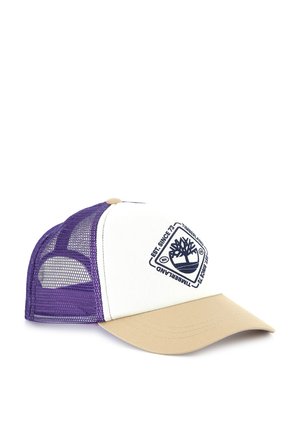 Casquette ajustable avec un panneau avant blanc, une visière beige et des côtés en maille violette. Présente un logo Timberland bleu avec un emblème d'arbre.