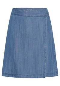 Jupe enveloppante en denim bleu moyen. Dotée d'une large ceinture et d'une forme évasée. Texture lisse avec des coutures le long de l'ourlet.