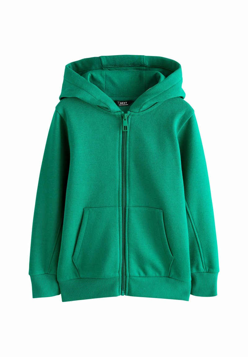 Grüne Reißverschluss-Hoodie aus weichem Stoff, mit Kapuze, zwei vorderen Taschen und gerippten Bündchen und Saum. Glatte Textur ohne sichtbare Muster.
