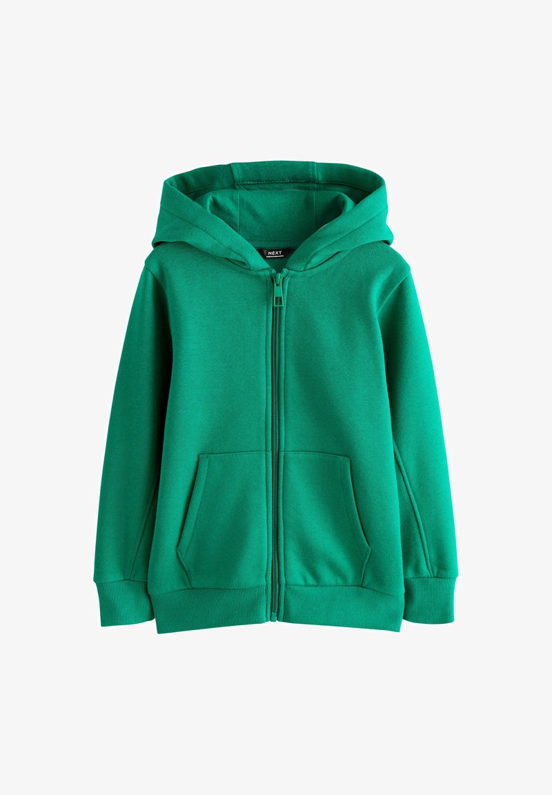 Grüne Reißverschluss-Hoodie aus weichem Stoff, mit Kapuze, zwei vorderen Taschen und gerippten Bündchen und Saum. Glatte Textur ohne sichtbare Muster.