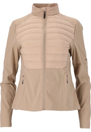 Beige isolierte Jacke mit gestepptem Vorderteil, glatten Ärmeln, hohem Kragen und mit Reißverschlüssen versehenen Taschen. Sie verfügt über ein schlankes Design mit taillierter Form.