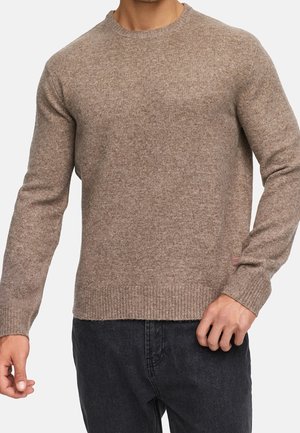 Man draagt een bruine gebreide trui met lange mouwen en zwarte broek, arm gebogen met hand dichtbij de taille tegen een effen achtergrond.