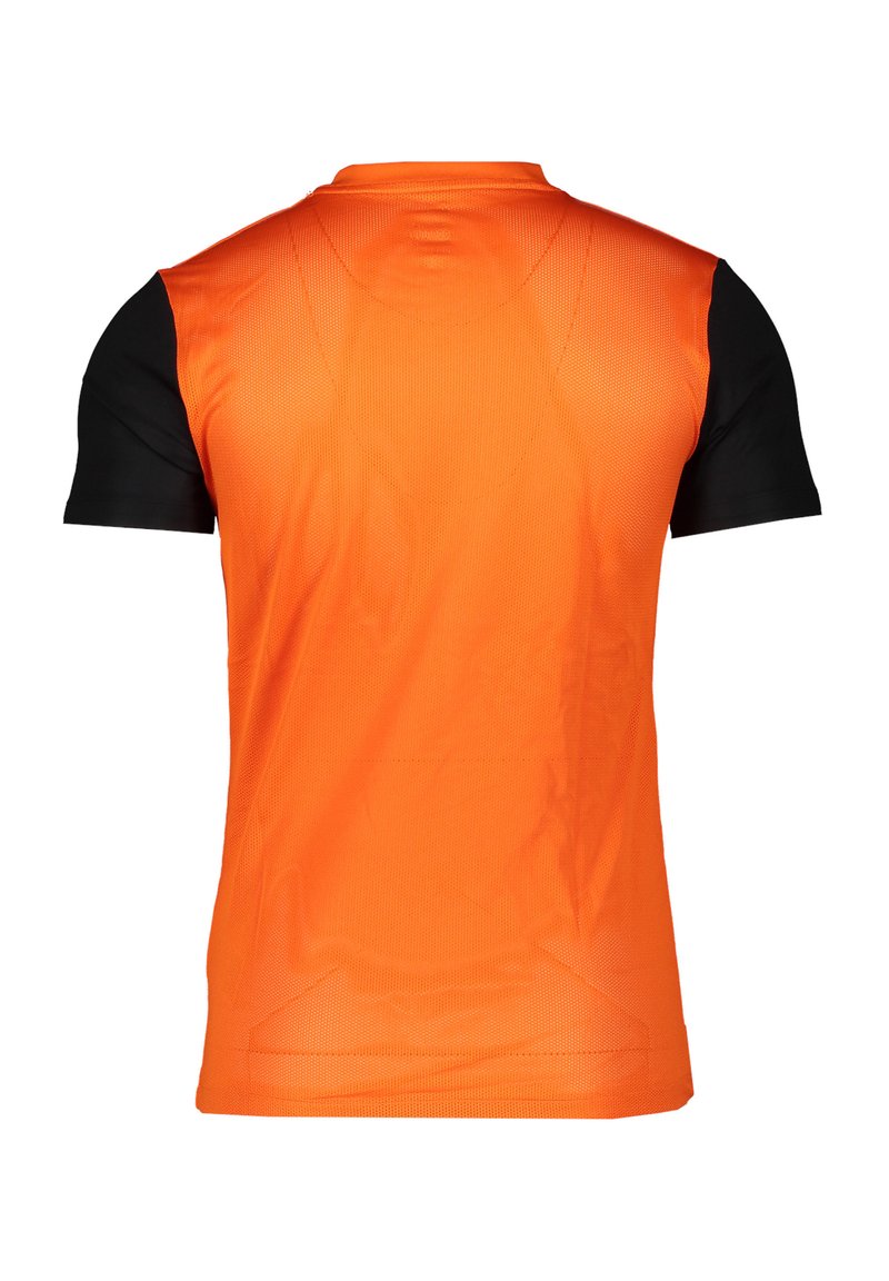 Kurzärmliges Sporttrikot mit einer Vorderseite aus orangefarbenem Mesh-Stoff und schwarzen einfarbigen Ärmeln, Rundhalsausschnitt und flachen Nähten.