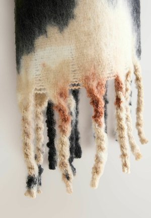 Wool scarf featuring a blend of cream, black, and earthy tones. The fringe consists of twisted fibers, providing a textured, layered appearance.