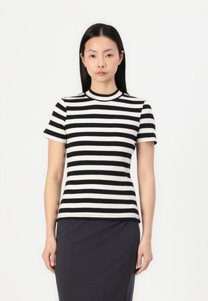 Black and white striped short-sleeve ribbed t-shirt with a round neckline, featuring a fitted design and soft texture.